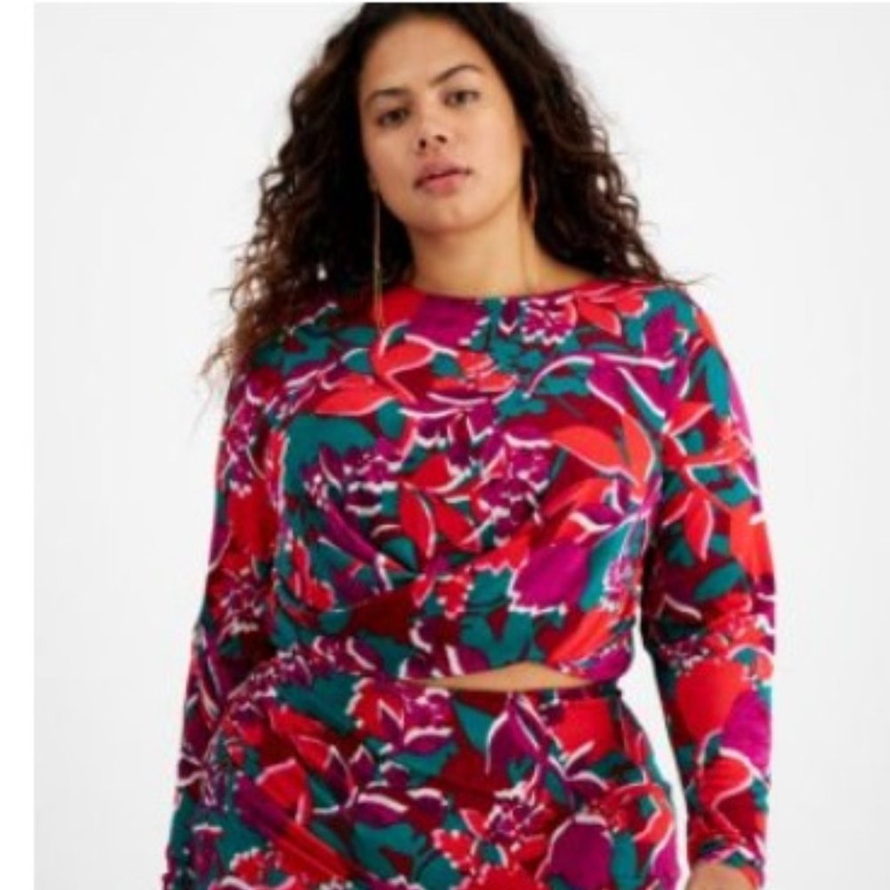 Bar III Plus Size Printed Cross-Hem Long-Sleeve Cropped Top, Created for Macy's